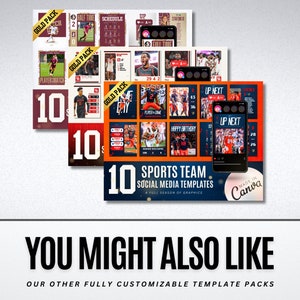 May include: A collection of sports team social media templates, featuring a variety of designs with football players and game-related graphics. The templates include the text "Gold Pack" and "10 Sports Team Social Media Templates". The image also includes a phone mockup.