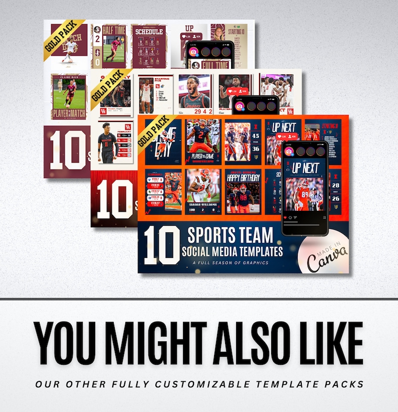 May include: A collection of sports team social media templates, featuring a variety of designs with football players and game-related graphics. The templates include the text "Gold Pack" and "10 Sports Team Social Media Templates". The image also includes a phone mockup.
