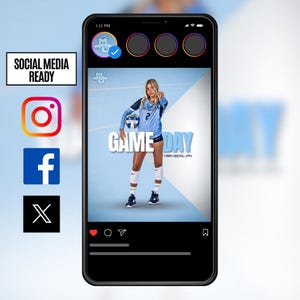 May include: A blue and white volleyball game day graphic with a female volleyball player holding a volleyball. The graphic includes the text "GAME DAY" and "TIBBS ARENA, 3PM".
