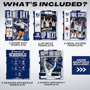 May include: A collection of digital templates for sports-themed graphics. Includes game day, up next, final score, season schedule, and happy birthday templates. Each template features a blue and white color scheme with action shots and text.
