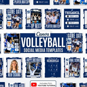 May include: A collection of Canva volleyball social media templates in shades of blue and white. The templates include game day announcements, player profiles, and schedules. The image also includes a YouTube tutorial link.