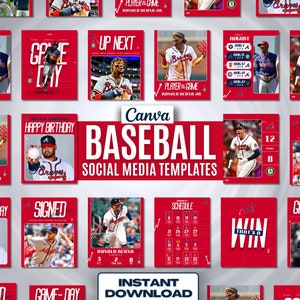 May include: A collection of social media templates for baseball featuring a red and white color scheme with a baseball player in a white uniform with a red and blue logo. The text "Canva Baseball Social Media Templates" is in the center of the image. The text "Instant Download" is at the bottom of the image.