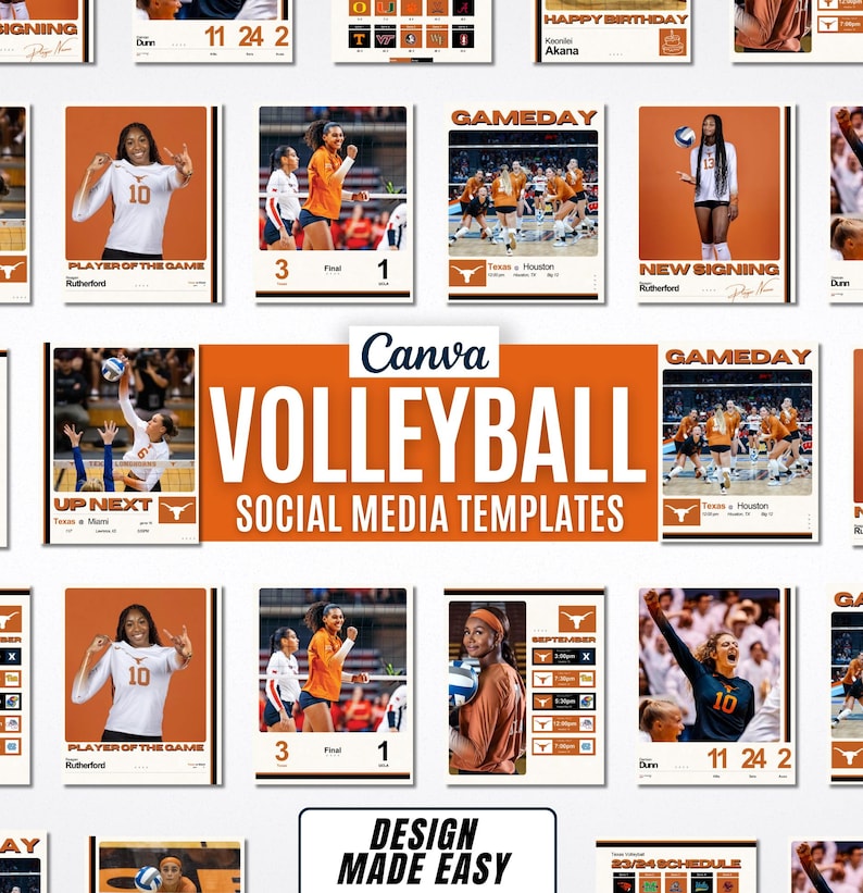 Puede incluir: Un conjunto de plantillas de redes sociales para voleibol con un equipo en uniformes naranja y blanco. Las plantillas incluyen im&aacute;genes de jugadores, calendarios de partidos y citas motivacionales. El texto "Canva VOLLEYBALL SOCIAL MEDIA TEMPLATES" se muestra en una fuente grande sobre un fondo naranja brillante.