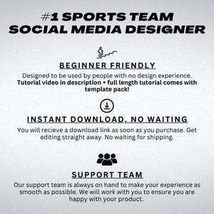 Puede incluir: Un gr&aacute;fico blanco con texto negro que dice "#1 SPORTS TEAM SOCIAL MEDIA DESIGNER". El gr&aacute;fico tambi&eacute;n incluye una silueta negra de una persona subiendo una escalera, un icono de descarga y un grupo de tres personas. El texto "BEGINNER FRIENDLY", "INSTANT DOWNLOAD, NO WAITING", y "SUPPORT TEAM" tambi&eacute;n est&aacute; incluido en el gr&aacute;fico.
