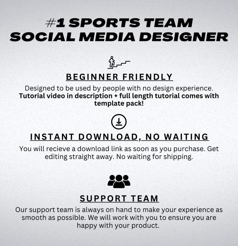 Puede incluir: Un gr&aacute;fico blanco con texto negro que dice "#1 SPORTS TEAM SOCIAL MEDIA DESIGNER". El gr&aacute;fico tambi&eacute;n incluye una silueta negra de una persona subiendo una escalera, un icono de descarga y un grupo de tres personas. El texto "BEGINNER FRIENDLY", "INSTANT DOWNLOAD, NO WAITING", y "SUPPORT TEAM" tambi&eacute;n est&aacute; incluido en el gr&aacute;fico.