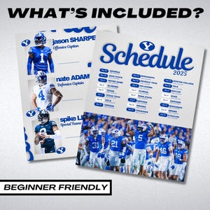 May include: Two white printed sheets with blue text and images. One sheet lists player names and positions. The other sheet is a 2025 football schedule. The text "WHAT'S INCLUDED?" and "BEGINNER FRIENDLY" are also visible.