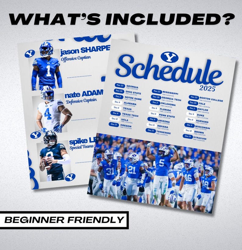 May include: Two white printed sheets with blue text and images. One sheet lists player names and positions. The other sheet is a 2025 football schedule. The text "WHAT'S INCLUDED?" and "BEGINNER FRIENDLY" are also visible.