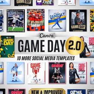May include: A collection of sports-themed social media templates. The templates feature athletes in action, with the words "GAME DAY" prominently displayed. The Canva logo and the text "GAME DAY 2.0" are also visible, along with "10 MORE SOCIAL MEDIA TEMPLATES."