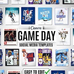 以下が含まれることがあります： 「Game Day」をテーマにしたCanvaソーシャルメディアテンプレートのコレクション。フットボールやバスケットボールなど、さまざまなスポーツを大胆なテキストとチームカラーで表現。テンプレートは編集しやすいように設計されています。