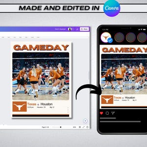 Puede incluir: Un gr&aacute;fico digital para un partido de voleibol entre Texas y Houston. El gr&aacute;fico presenta un mascota Longhorn marr&oacute;n y blanco, el texto "GAMEDAY" y los detalles del partido: Texas @ Houston, 12:00 pm, Houston, TX, Big 12.