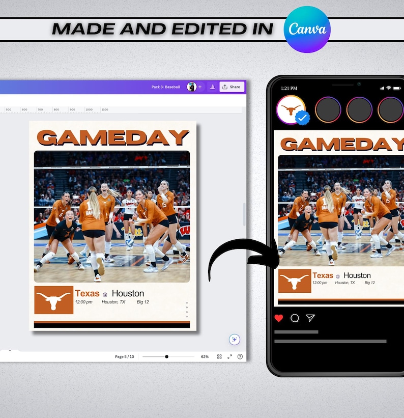 Puede incluir: Un gr&aacute;fico digital para un partido de voleibol entre Texas y Houston. El gr&aacute;fico presenta un mascota Longhorn marr&oacute;n y blanco, el texto "GAMEDAY" y los detalles del partido: Texas @ Houston, 12:00 pm, Houston, TX, Big 12.