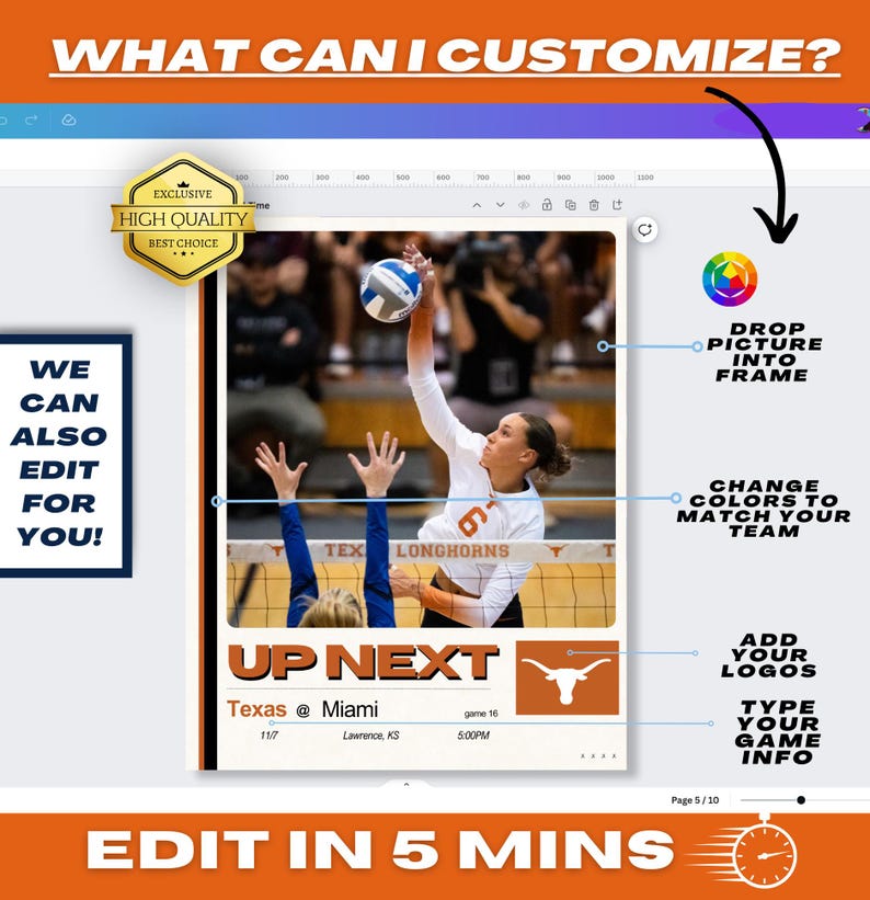 Puede incluir: Una plantilla gr&aacute;fica personalizable para un partido deportivo. La plantilla presenta a una jugadora de voleibol en acci&oacute;n, un logotipo de equipo y espacio para la informaci&oacute;n del partido. El texto "UP NEXT" se muestra en letras grandes y en negrita. El texto "Texas @ Miami" se muestra debajo del texto "UP NEXT". El texto "game 10" se muestra a la derecha del texto "Texas @ Miami". El texto "Lawrence, KS" se muestra debajo del texto "game 10". El texto "5:00PM" se muestra debajo del texto "Lawrence, KS". El texto "EDIT IN 5 MINS" se muestra en la parte inferior de la plantilla.