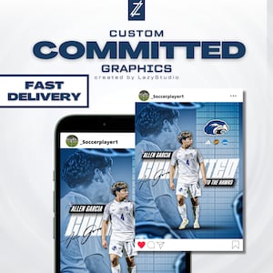 Può includere: Un design grafico blu e bianco con un calciatore che indossa una maglia bianca con il numero 4. Il testo "ALLEN GARCIA" è sul grafico. Il testo "COMMITTED TO THE HAWKS" è sul grafico. Il grafico è visualizzato sullo schermo di un telefono.