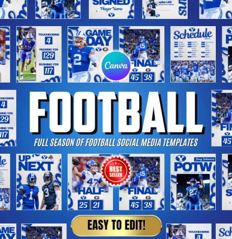 May include: A collection of blue and white football-themed social media templates. The word "FOOTBALL" is prominently displayed. The templates include game day graphics, score updates, and player information. Text includes "Full Season of Football Social Media Templates" and "Easy to Edit!"