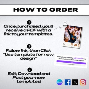 Puede incluir: Una gu&iacute;a de tres pasos sobre c&oacute;mo pedir una plantilla. Los pasos son: 1. Una vez comprado, recibir&aacute;s un PDF con un enlace a tus plantillas. 2. Sigue el enlace y luego haz clic en "Usar plantilla para un nuevo dise&ntilde;o". 3. Edita, descarga y publica tus nuevas plantillas. La imagen tambi&eacute;n muestra un documento PDF, un logotipo de Canva y los iconos de redes sociales para Facebook, Twitter e Instagram.