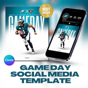 May include: A digital social media template for "Gameday" featuring an American football player in a green and white uniform. The design includes the text "Gameday" and the logos of the Philadelphia Eagles and the Las Vegas Raiders. A "Best Seller" badge is also present.