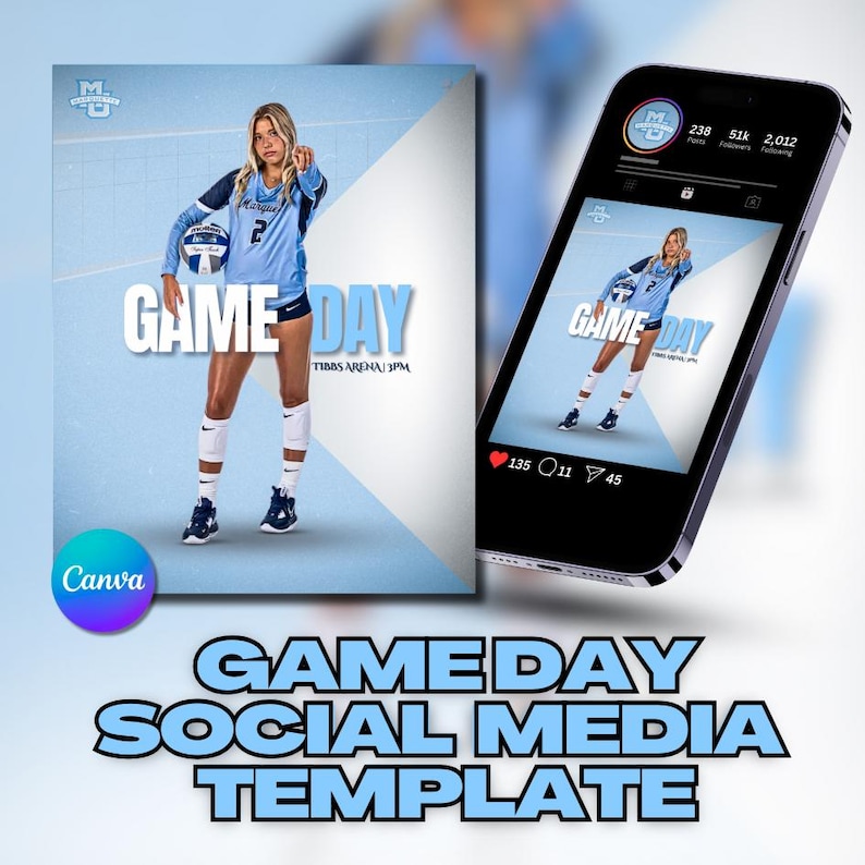 May include: A social media template for a volleyball game day. The template features a blue and white color scheme with a photo of a volleyball player in a blue jersey with the number 2 on it. The text "GAME DAY" is in large, bold letters and the text "TIBBS ARENA 3PM" is below it. The template is designed to be used on social media platforms like Instagram and Facebook.
