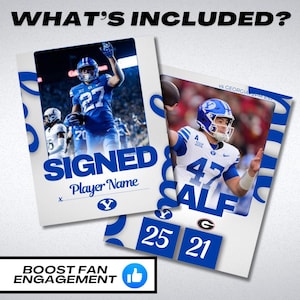 May include: Two white and blue sports-themed prints. One print says "SIGNED" with a football player in a blue uniform. The other print shows a football player in a blue uniform with the text "HALF" and the score 25-21. The text "WHAT'S INCLUDED?" is at the top.