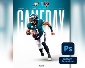 May include: A white poster featuring a green and white football player running with the ball. The poster displays the text "Gameday" in large white letters. The text "Saturday 28 | Dorrance Field | Kick Off 7:30PM" is in smaller black letters. The text "#Gonets" is in small black letters at the bottom of the poster. The text "RAIDERS" and "VS" are in black letters. The text "Ps Instant Download" is in blue and white letters.