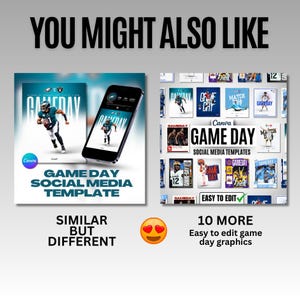 May include: A Canva template for social media posts with a football theme. The template features a football player in a green and white uniform running with the ball. The text "Game Day" is displayed in large, bold letters. The template is easy to edit and customize.