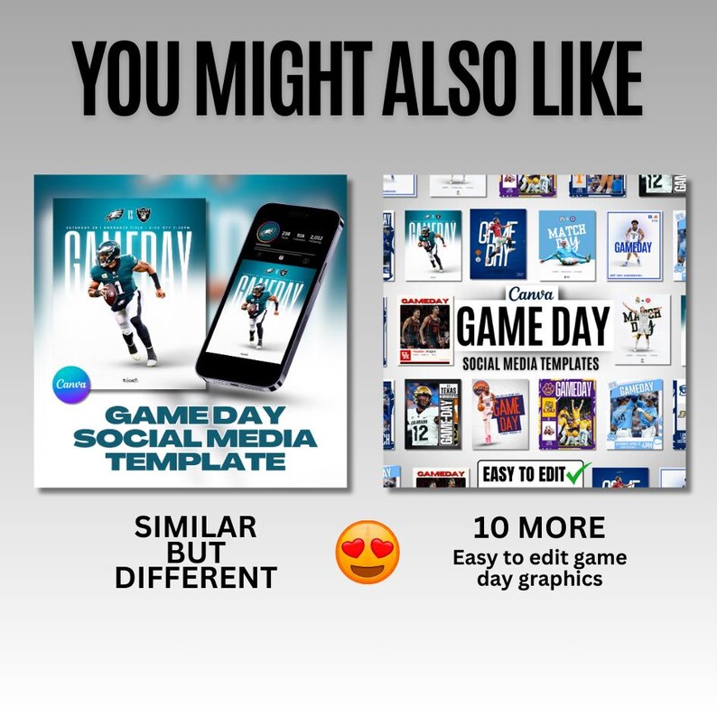 May include: A Canva template for social media posts with a football theme. The template features a football player in a green and white uniform running with the ball. The text "Game Day" is displayed in large, bold letters. The template is easy to edit and customize.