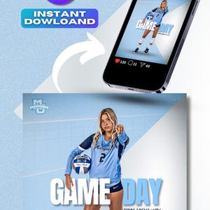 May include: A social media template for a volleyball game day. The template features a blue and white color scheme with a volleyball player in the center. The text "GAME DAY" is displayed in large, bold letters at the top of the template. The text "TIBBS ARENA 3PM" is displayed below the player. The template also includes the team's logo and social media icons.