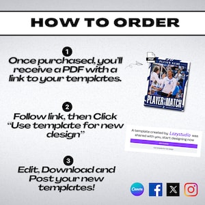 May include: An instructional graphic with the title "HOW TO ORDER". It details the steps to receive, use, and post templates. Includes a sample template with a sports theme and social media icons.