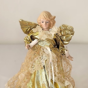 Vintage Paper Mache Christmas Tree Topper Angel Porcelain Hands and Face with Lights 10&quot;