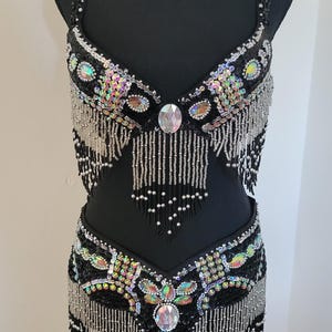 Hand-Beaded Belly Dance Costume 2 Pieces - Bra and Belt Vintage 34DD Adjustable