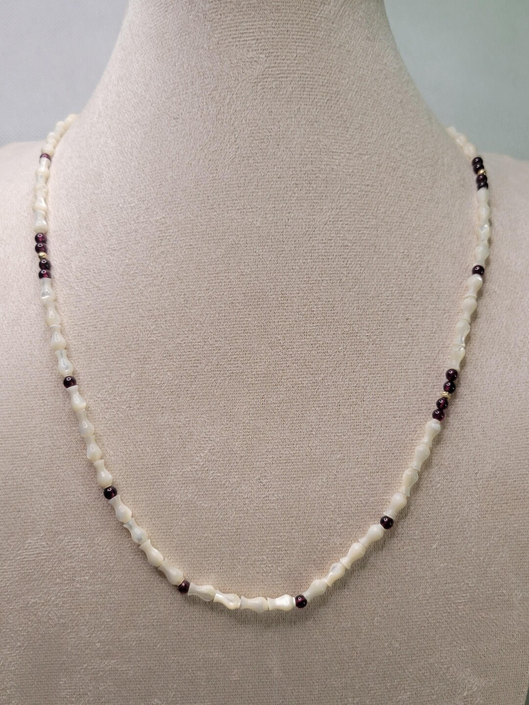Vintage Rice Pearl, Genuine Garnet and Gold Necklace 22
