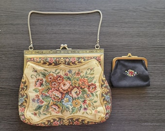 Vintage Petit Point Evening Bag and Coin Purse Set, Victorian Floral Tapestry