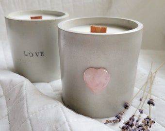 Concrete Candle with Rose Quartz heart. Handmade, Virgin Coconut soy, Scented Candle], Lavender, Crackling wick, Stamped word LOVE