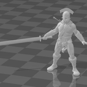 Puede incluir: Figura impresa en 3D de un guerrero, sosteniendo una espada grande. La figura está vestida con botas y muñequeras con adornos de piel, con un cinturón con diseño de rostro. Una flecha está alojada en la espalda del guerrero. La figura está de pie.