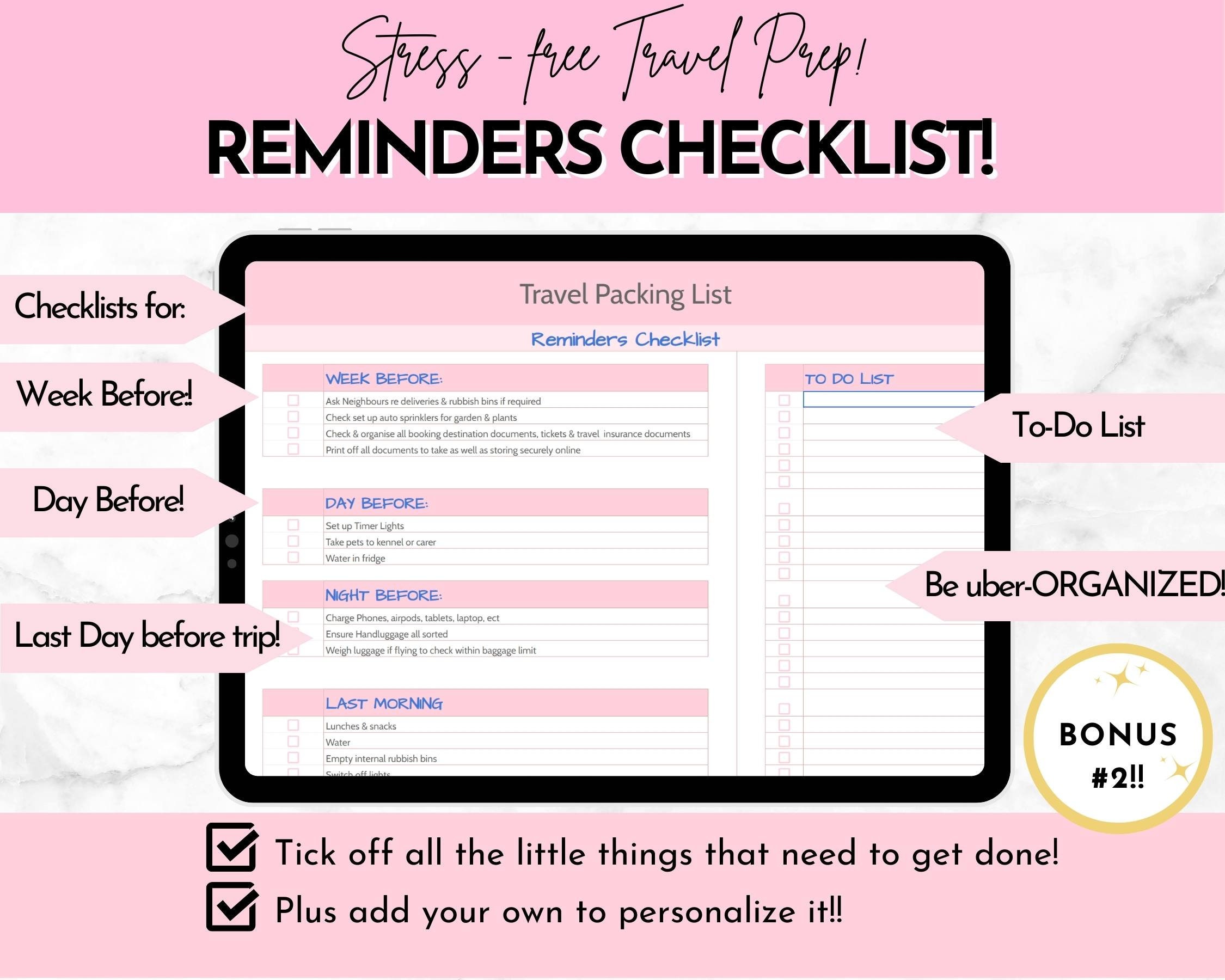 EDITABLE Travel Packing List Template in Google Sheets /Excel ...