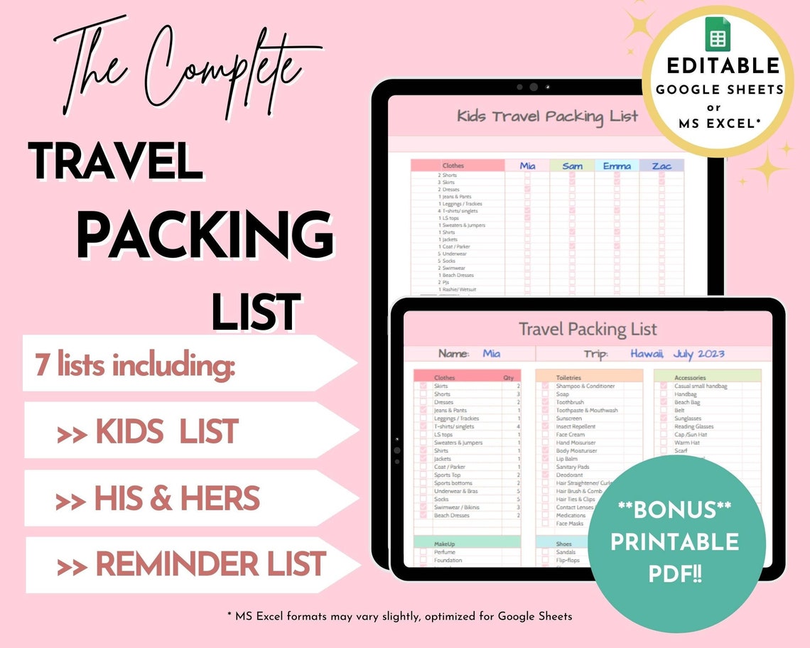 EDITABLE Travel Packing List Template in Google Sheets /excel - Etsy ...