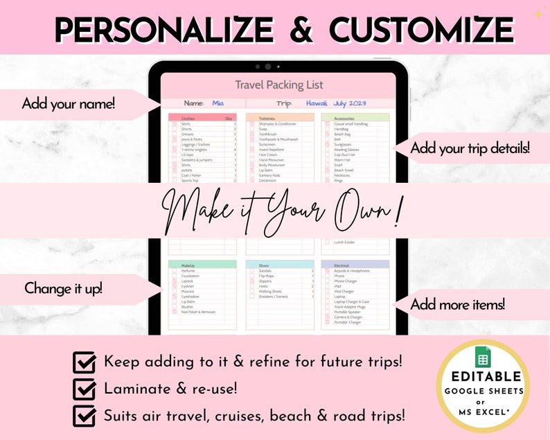 EDITABLE Travel Packing List Template in Google Sheets /excel Etsy