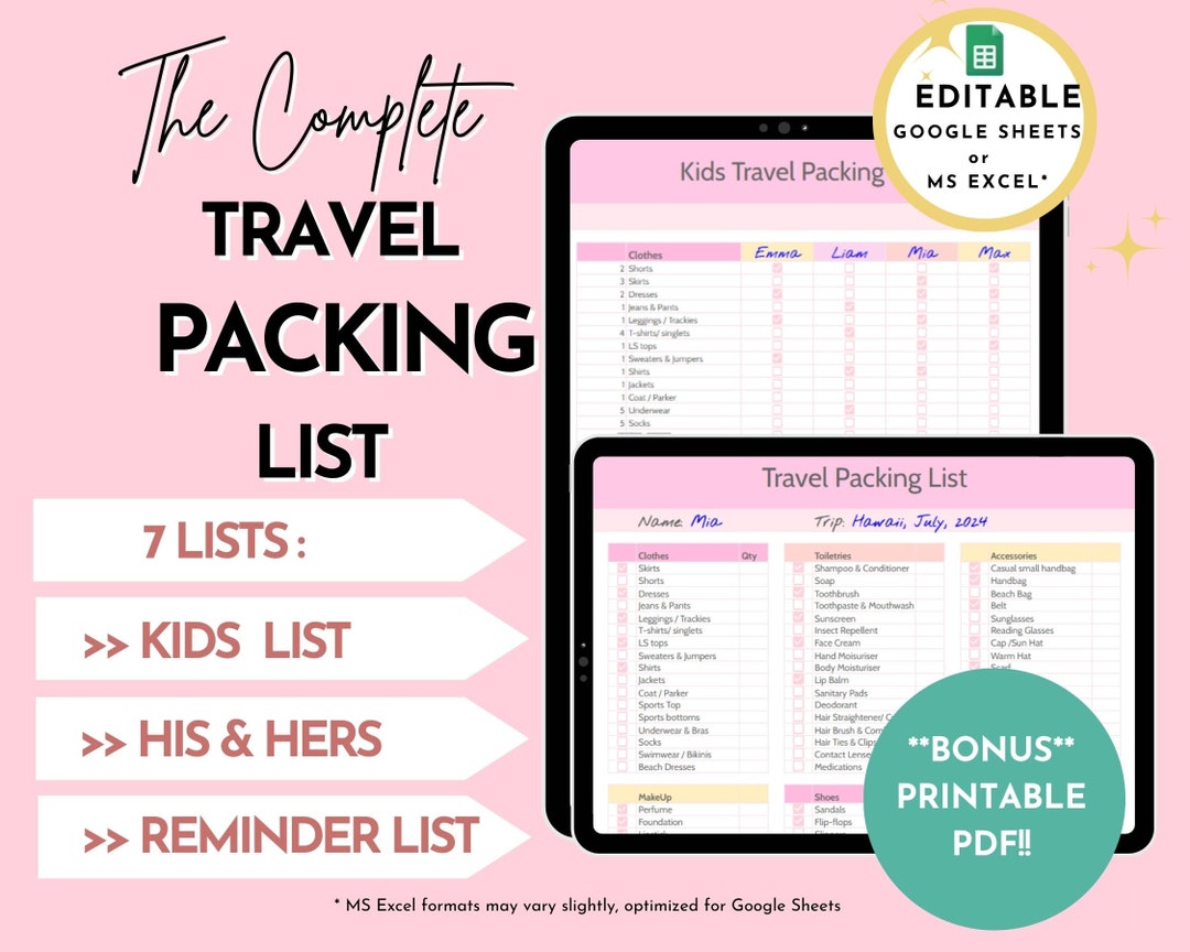 EDITABLE Travel Packing List Template in Google Sheets /excel ...