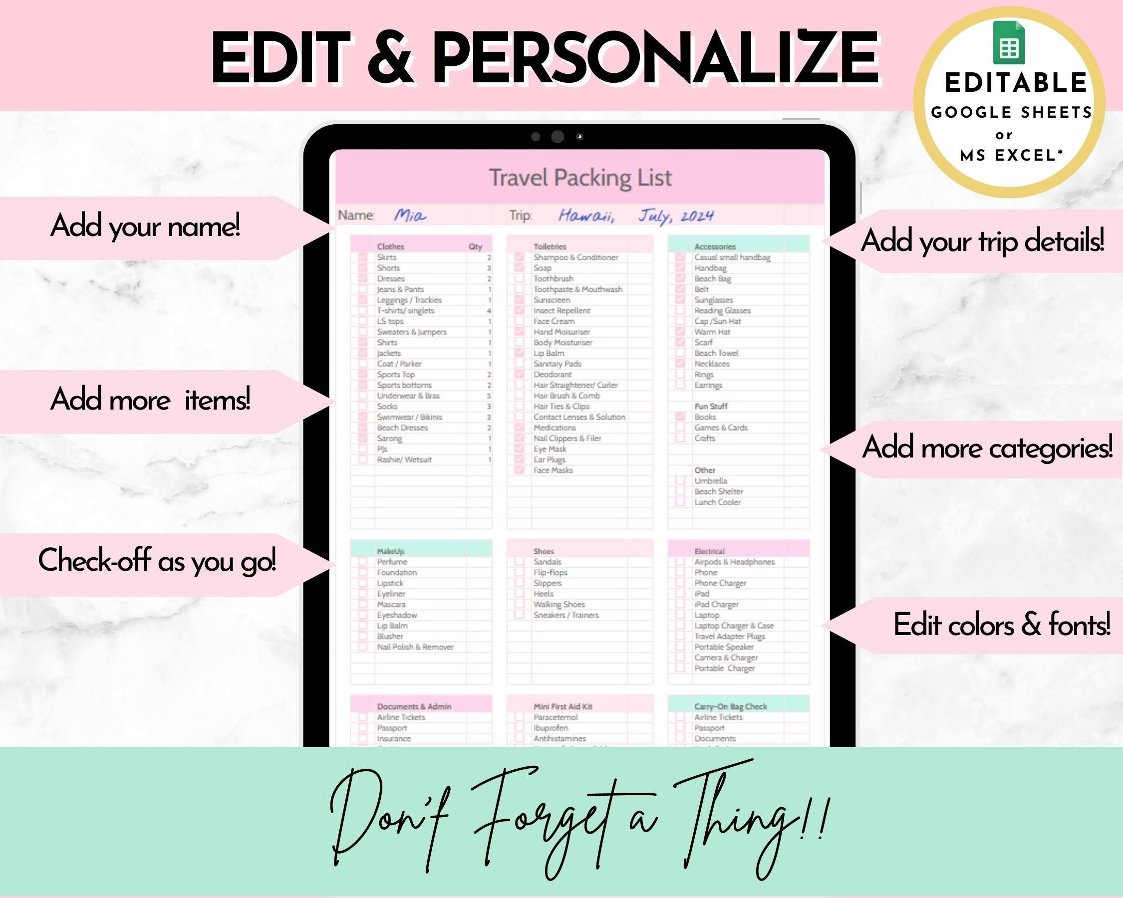 EDITABLE Travel Packing List Template in Google Sheets /Excel ...
