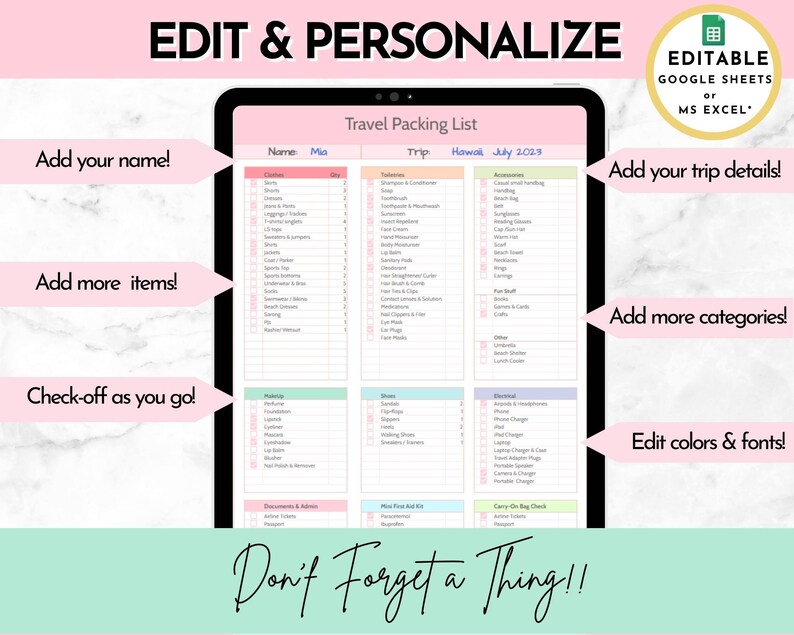 EDITABLE Travel Packing List Template in Google Sheets /excel Etsy