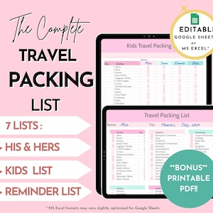 EDITABLE Travel Packing List Template in Google Sheets /Excel, Printable PDF Checklist Planner , Cruise, Vacation, Family, Kids Packing List