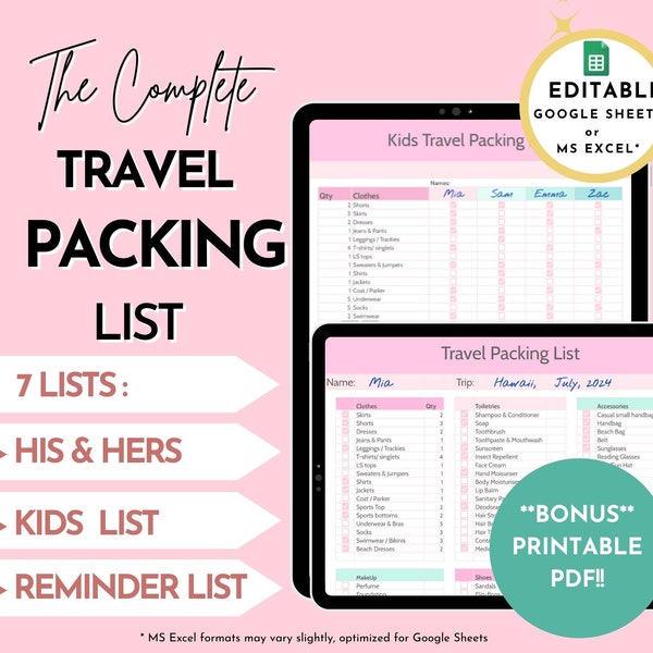 EDITABLE Travel Packing List Template in Google Sheets /Excel, Printable PDF Checklist Planner , Cruise, Vacation, Family, Kids Packing List