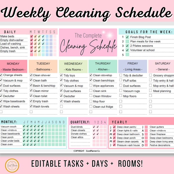 EDITABLE Cleaning Schedule Planner, Digital Weekly Cleaning Checklist, Family Kids Chore Chart List, Household Cleaning Printable PDF, adhd