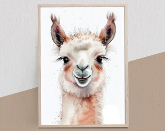 Cute Llama Watercolor Digital Print, Baby Room Wall Art, Nursery Room Wall Art, Baby Animal Prints, Digital Download Wall Art, Nursery Décor