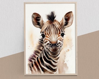 Baby Zebra Watercolor Digital Print, Baby Room Wall Art, Nursery Room Wall Art, Baby Animal Prints, Digital Download Wall Art, Nursery Décor