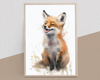 Playful Baby Fox Watercolor Digital Print, Baby Room Art, Nursery Room Wall Art, Baby Animal Prints, Digital Download Art, Nursery Décor