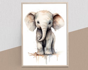 Baby Elephant Watercolor Digital Print, Baby Room Art, Nursery Room Wall Art, Baby Animal Prints, Digital Download Wall Art, Nursery Décor