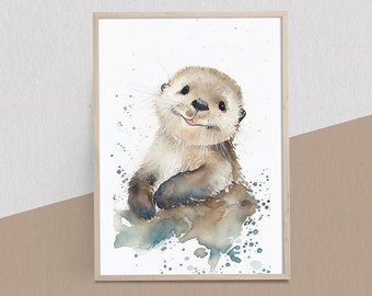 Baby Sea Otter Watercolor Digital Print, Baby Room  Art, Nursery Room Wall Art, Baby Animal Prints, Digital Download Wall Art, Nursery Décor