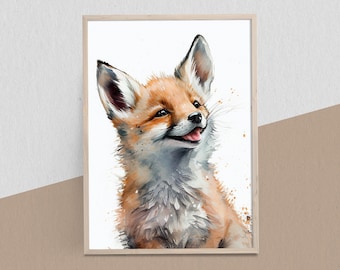 Baby Fox Watercolor Digital Print, Baby Room Wall Art, Nursery Room Wall Art, Baby Animal Prints, Digital Download Wall Art, Nursery Décor