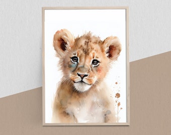 Baby Lion Watercolor Digital Print, Baby Room Wall Art, Nursery Room Wall Art, Baby Animal Prints, Digital Download Wall Art, Nursery Décor