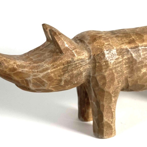 Hand Carved Wooden Rhinoceros Sculpture 12"